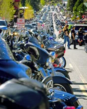 Motorcycles line both sides of Main Street in Red River during the Memorial Day Motorcycle Rally.