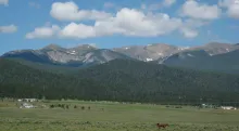 Wheeler Peak rises above the pastureland of the Moreno Valley, east of Red River.