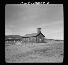 The wooden church at Elizabethtown, New Mexico, photographed by John Collier for the Office of War Information in 1943.