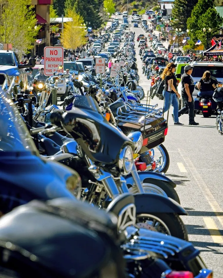 Motorcycles line both sides of Main Street in Red River during the Memorial Day Motorcycle Rally.