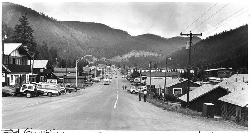 Main Street in Red River about 1980, looking toward the ski runs at the head of the valley, where Stokes Bolton built his ski business.