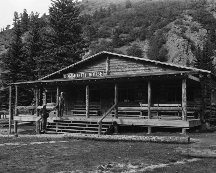 Red River's log Community House, photographed in 1955 by the New Mexico Tourism Bureau.