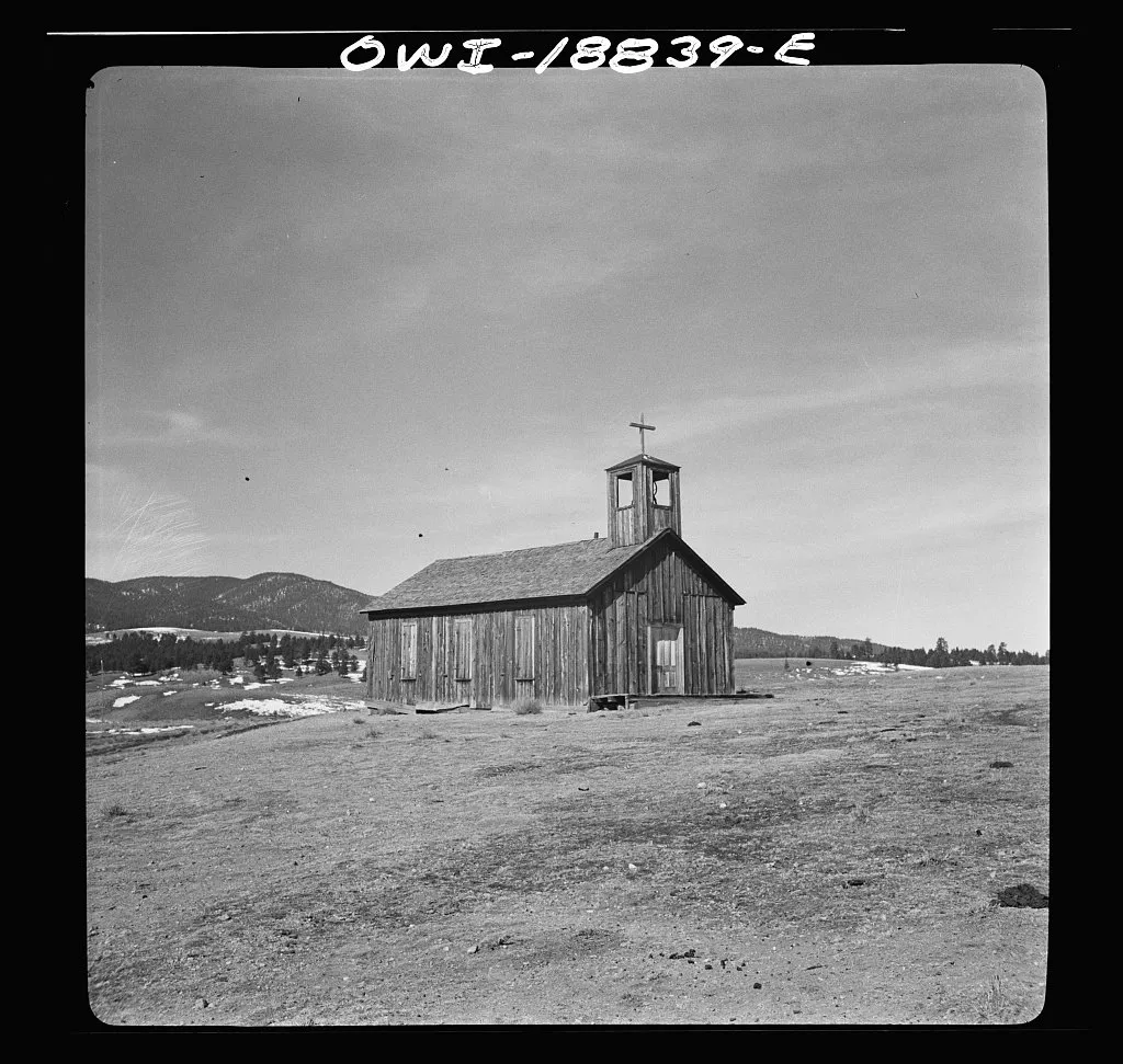 The wooden church at Elizabethtown, New Mexico, photographed by John Collier for the Office of War Information in 1943.